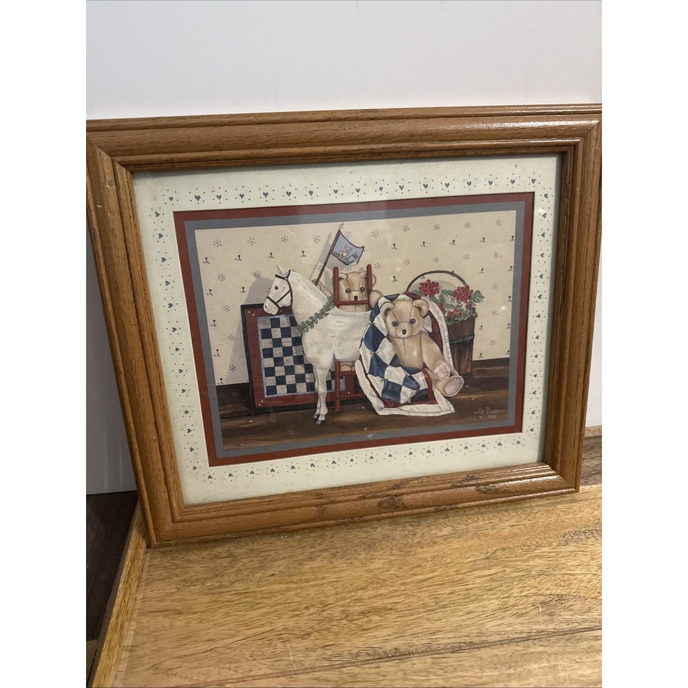 Vintage Teddy Bear Horse Print by Pat Pearson Country Folk Art 1990 Framed
